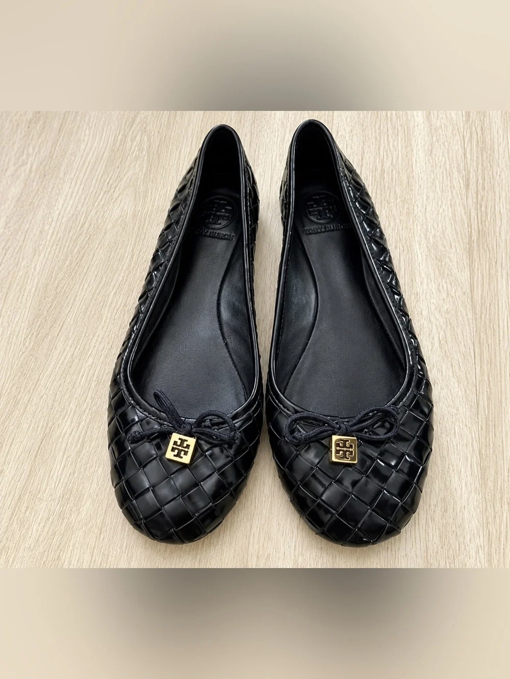 Tory Burch Woven Patent Ballet Flats Womens 7.5M Black Good Gold Logo Bow